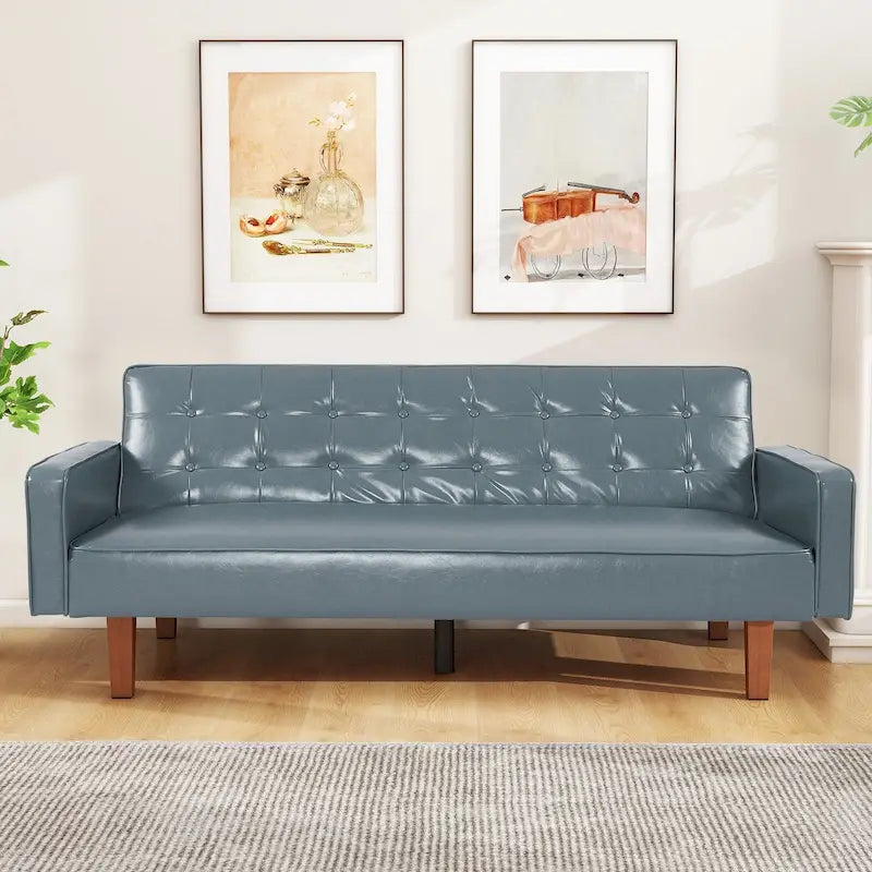 Canapé-lit futon en similicuir PU de 74 po de style milieu de siècle, canapé 3 places capitonné pour salon et chambre à coucher