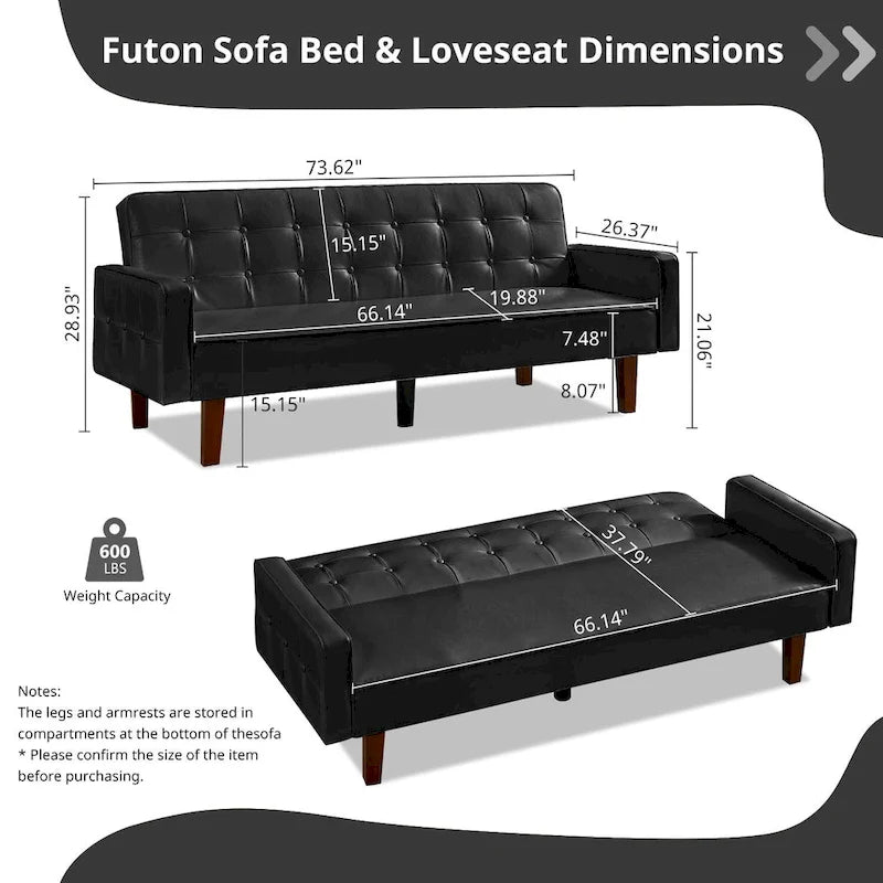 Canapé-lit futon en similicuir PU de 74 po de style milieu de siècle, canapé 3 places capitonné pour salon et chambre à coucher