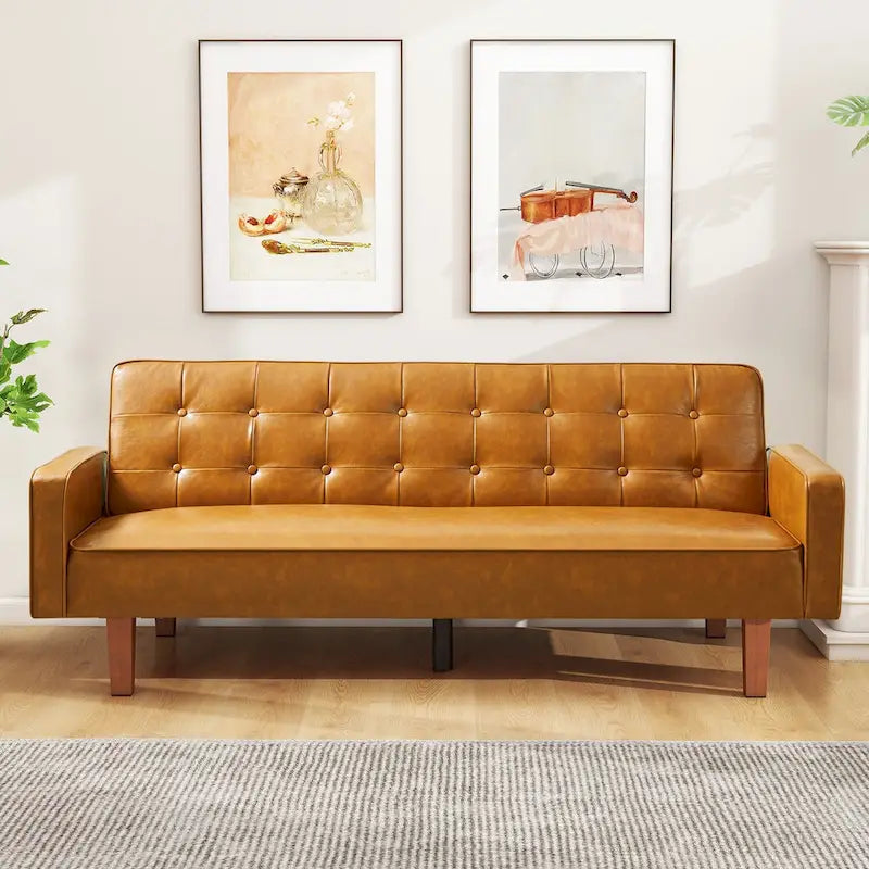 Canapé-lit futon en similicuir PU de 74 po de style milieu de siècle, canapé 3 places capitonné pour salon et chambre à coucher