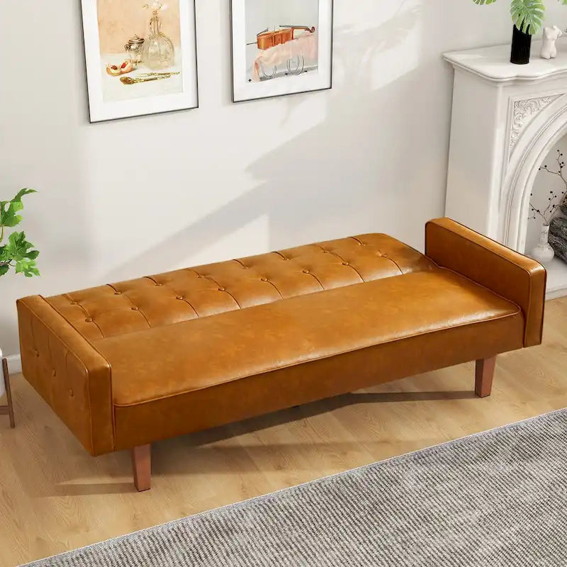 Canapé-lit futon en similicuir PU de 74 po de style milieu de siècle, canapé 3 places capitonné pour salon et chambre à coucher