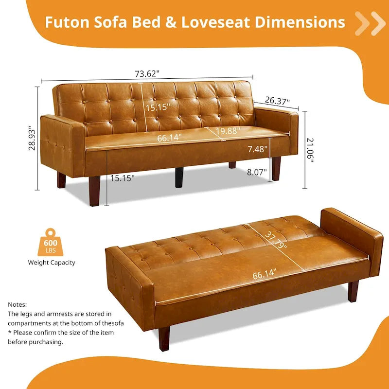Canapé-lit futon en similicuir PU de 74 po de style milieu de siècle, canapé 3 places capitonné pour salon et chambre à coucher