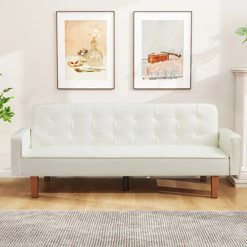 Canapé-lit futon en similicuir PU de 74 po de style milieu de siècle, canapé 3 places capitonné pour salon et chambre à coucher