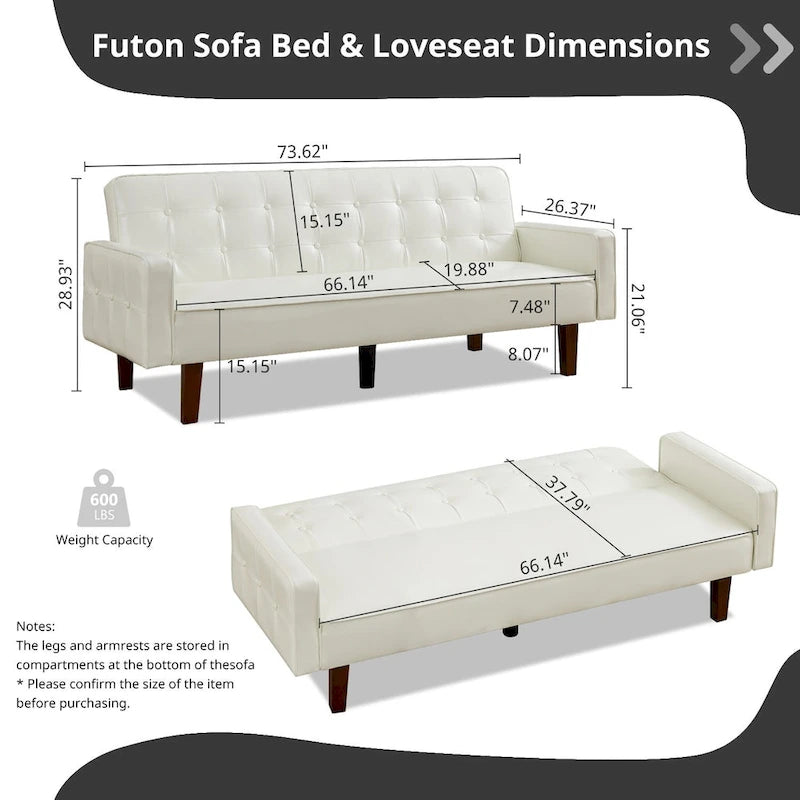 Canapé-lit futon en similicuir PU de 74 po de style milieu de siècle, canapé 3 places capitonné pour salon et chambre à coucher