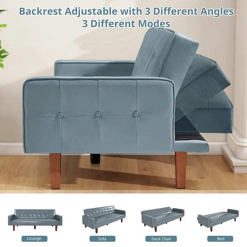 Canapé-lit futon en similicuir PU de 74 po de style milieu de siècle, canapé 3 places capitonné pour salon et chambre à coucher