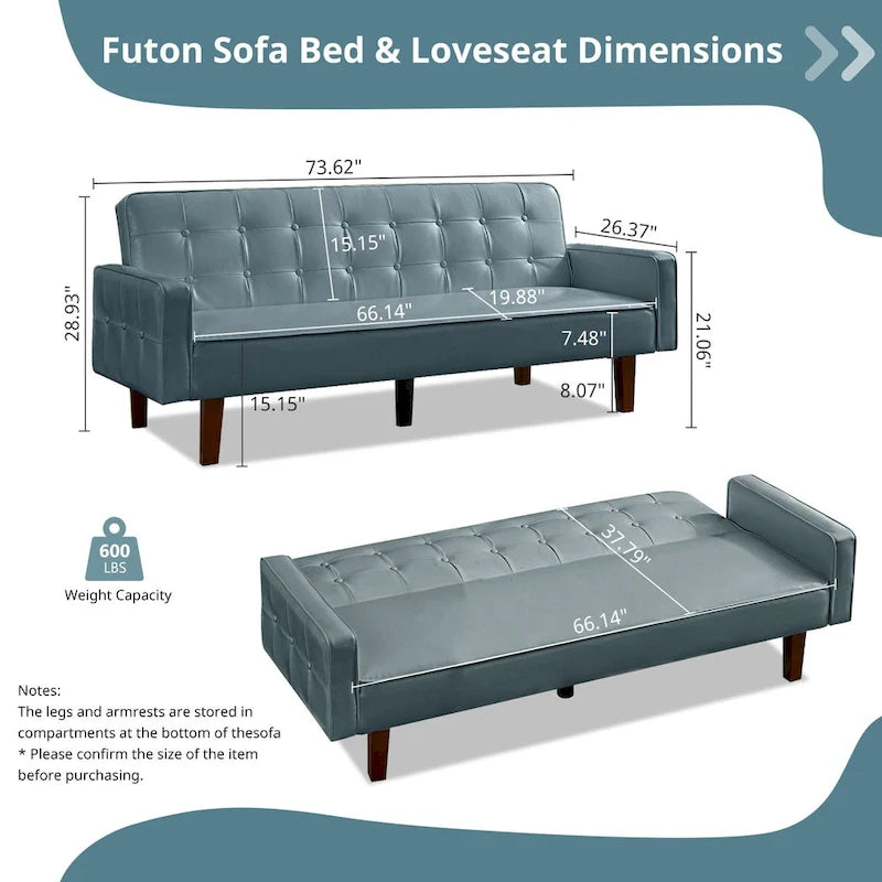 Canapé-lit futon en similicuir PU de 74 po de style milieu de siècle, canapé 3 places capitonné pour salon et chambre à coucher