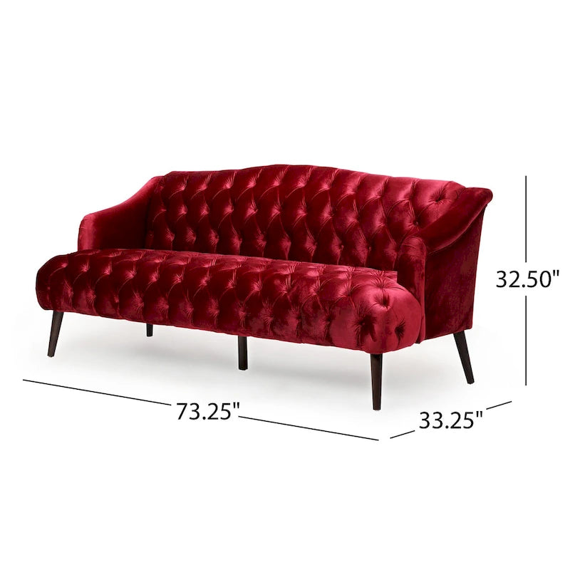Canapé moderne 3 places capitonné Lie de vin de 186 cm avec pieds en bois de bouleau pour salon