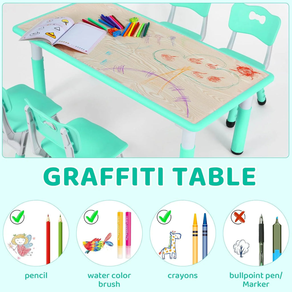 Ensemble table et 4 chaises pour enfants LAZY BUDDY, bureau réglable en hauteur pour tout-petits avec plateau graffiti, ensemble de table d’activités pour enfants pour crèche et maison