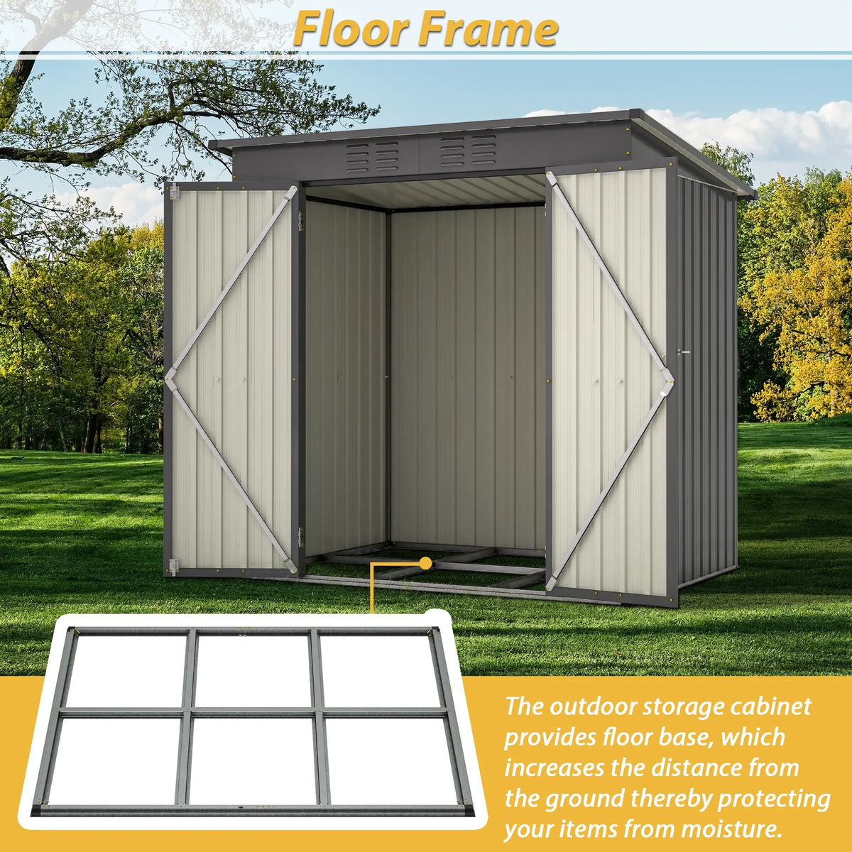 Abri de rangement extérieur de 6 x 4 pi avec cadre de plancher, abri de rangement extérieur avec porte verrouillable, abri pour outils de jardin toutes saisons avec grille d’aération pour maison, cour arrière, terrasse et pelouse, noir