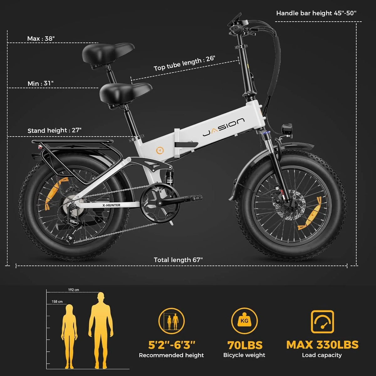 Vélo électrique Jasion X-Hunter pour adultes, vélo électrique avec moteur de 750 W et batterie amovible 48 V 13 Ah, vélo électrique pliant avec pneus larges 20 x 4,0, suspension intégrale, 7 vitesses