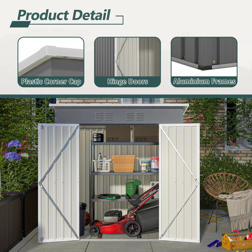 Abri de rangement extérieur de 6 x 4 pi avec cadre de plancher, abri de rangement extérieur avec porte verrouillable, abri pour outils de jardin toutes saisons avec grille d’aération pour maison, cour arrière, terrasse et pelouse, noir
