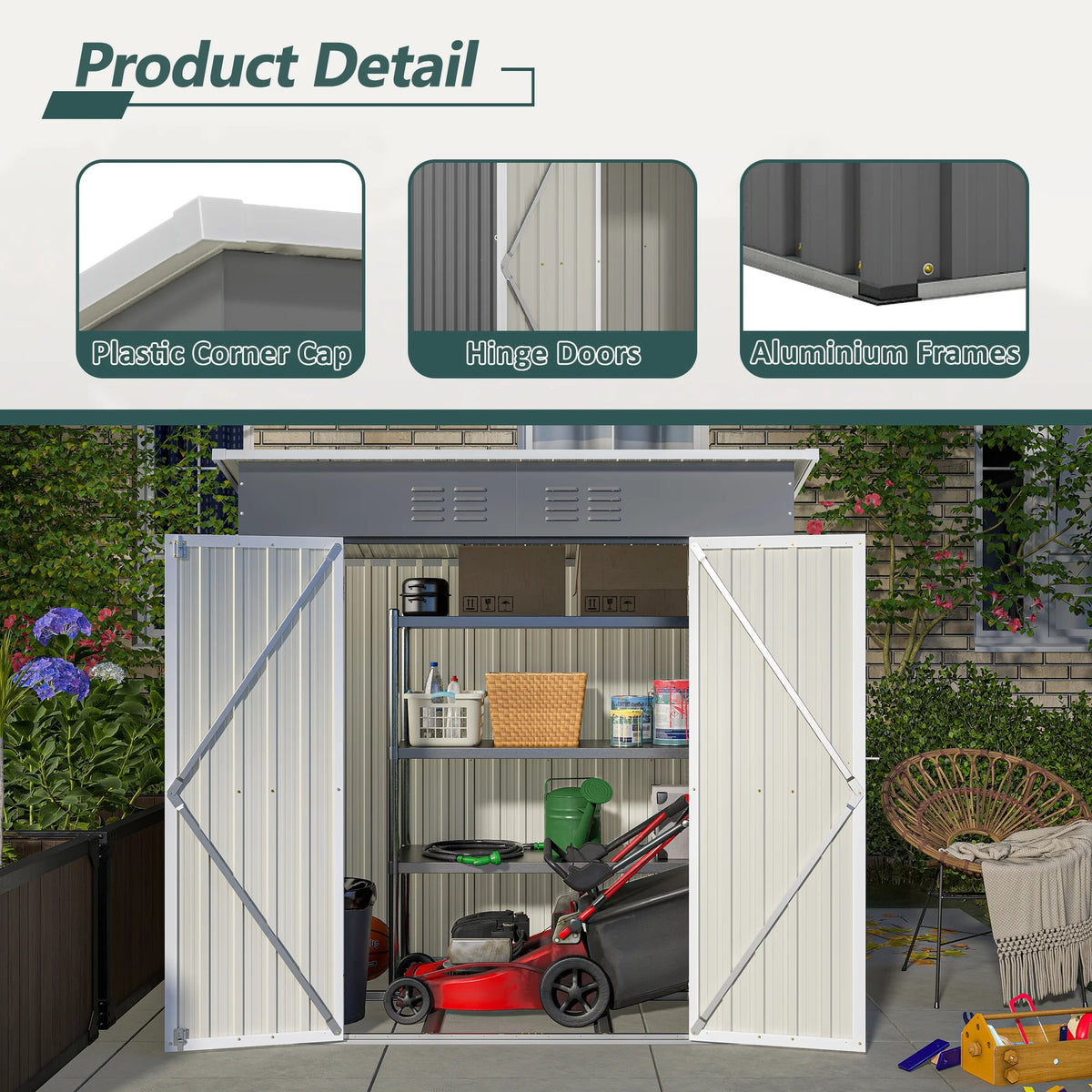 Abri de rangement extérieur de 6 x 4 pi avec cadre de plancher, abri de rangement extérieur avec porte verrouillable, abri pour outils de jardin toutes saisons avec grille d’aération pour maison, cour arrière, terrasse et pelouse, noir