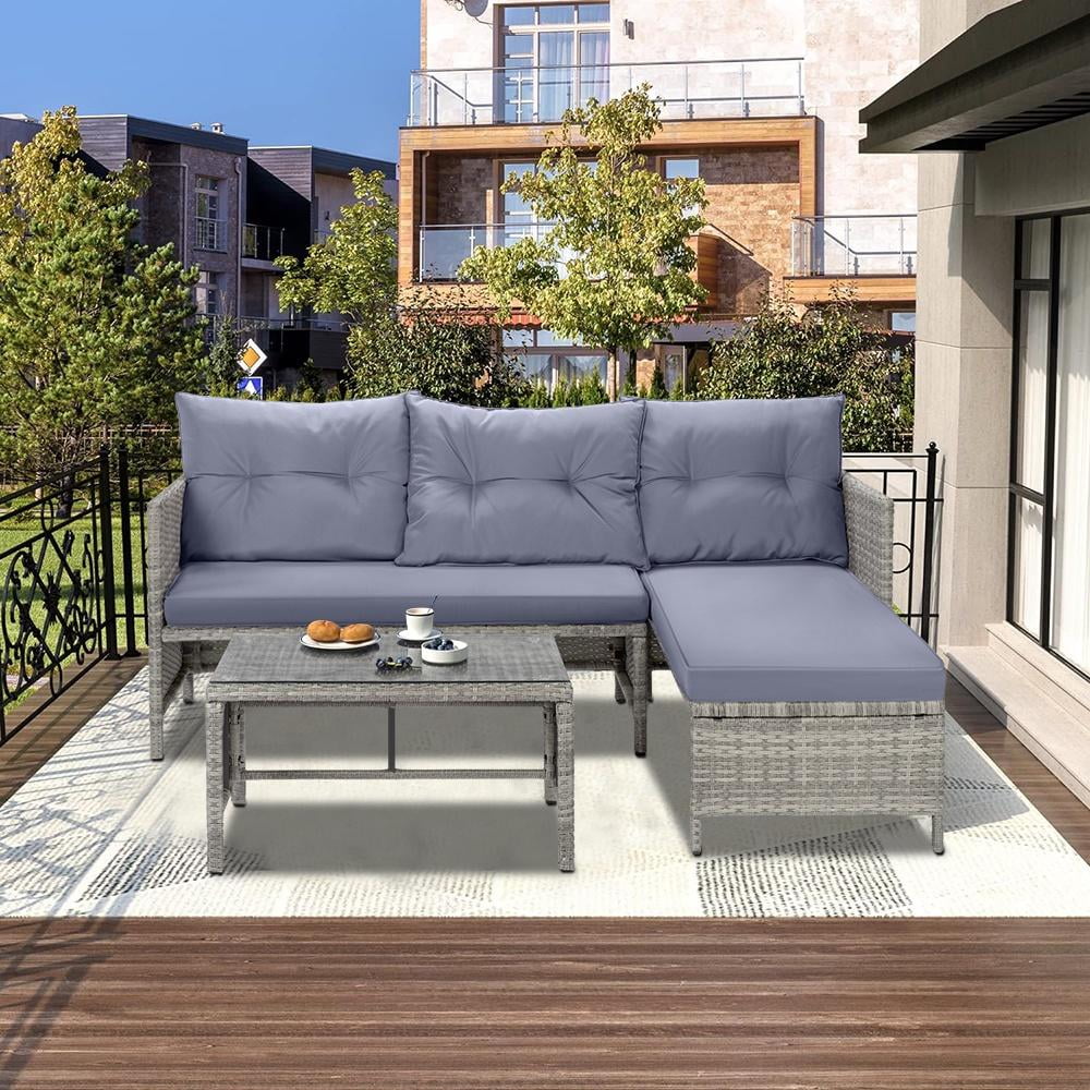 Ensemble de canapés de jardin en rotin, 4 pièces, salon d’angle d’extérieur en résine tressée PE résistante aux intempéries, ensemble de conversation avec coussins et table en verre pour terrasse, jardin, bord de piscine ou deck