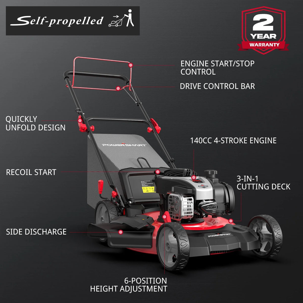 Tondeuse à gaz autotractée 3-en-1 avec moteur B&S 140CC 22 pouces, Réglage de la hauteur en 6 positions