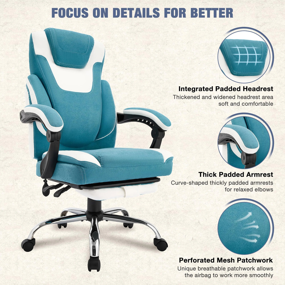 JONPONY Fauteuil de bureau Grande Taille 400lbs, Fauteuils de bureau de direction inclinables avec repose-pieds, Fauteuil de bureau à domicile à dossier haut Accoudoirs épais, Support lombaire ergonomique réglable, RoseBlanc