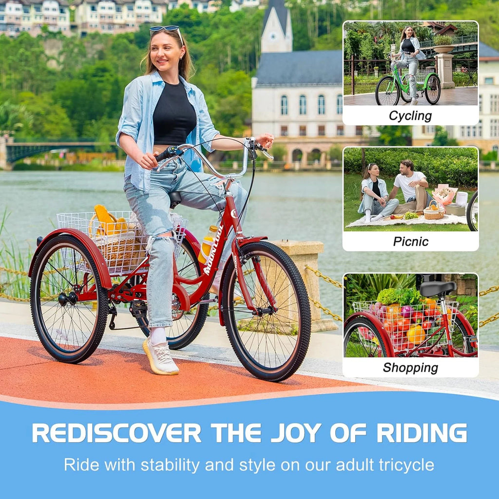 Tricycles pour adultes MOONCOOL avec panier arrière et pompe à pied, vélos à 3 roues 7 vitesses de 24 et 26 pouces, vélo à trois roues pour adultes avec dossier pour seniors, femmes et hommes
