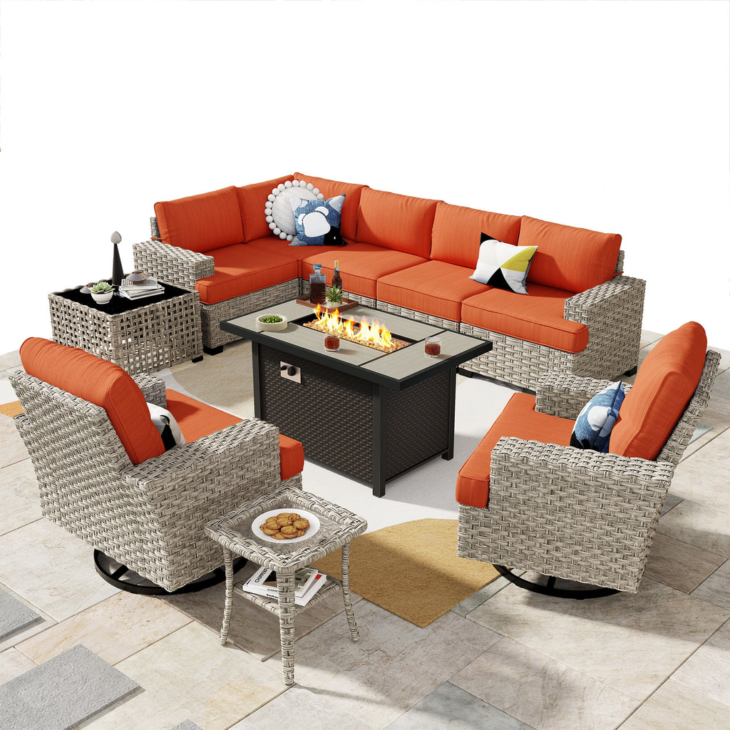 Ovios Salon de jardin modulable moderne en résine tressée toutes saisons à dossier haut, 10 pièces, avec table brasero au propane et fauteuil pivotant, gris foncé