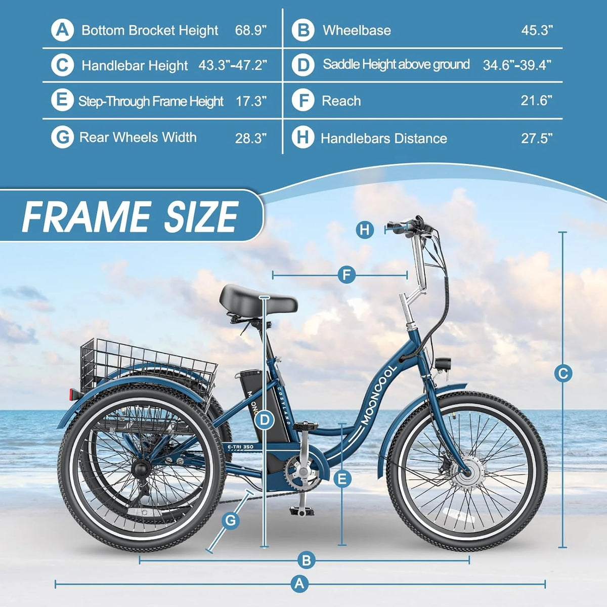 Tricycles électriques ABORON 24 26, batterie au lithium 36 V 10 Ah 350 W, triporteur électrique 7 vitesses pour adultes avec grand panier arrière et siège réglable