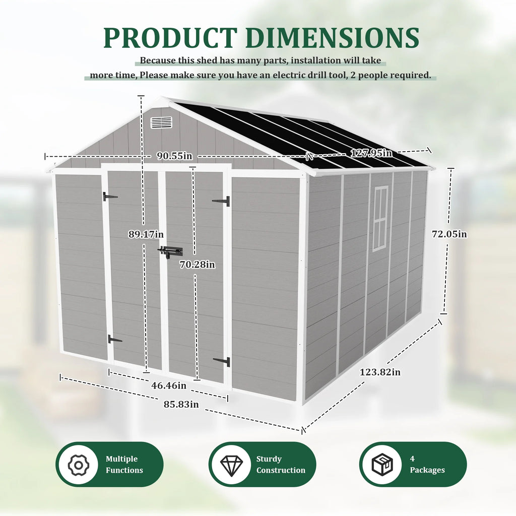 Enyopro Abri de rangement extérieur 6 x 4,4 pi, grand abri utilitaire en résine plastique toutes saisons pour outils avec deux portes verrouillables, pour patio, cour arrière et pelouse, gris