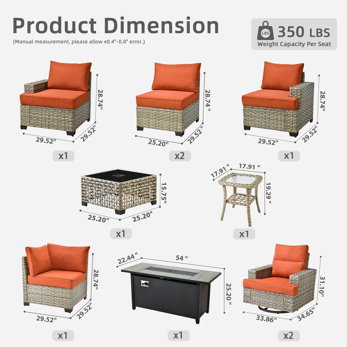 Ovios Salon de jardin modulable moderne en résine tressée toutes saisons à dossier haut, 10 pièces, avec table brasero au propane et fauteuil pivotant, gris foncé
