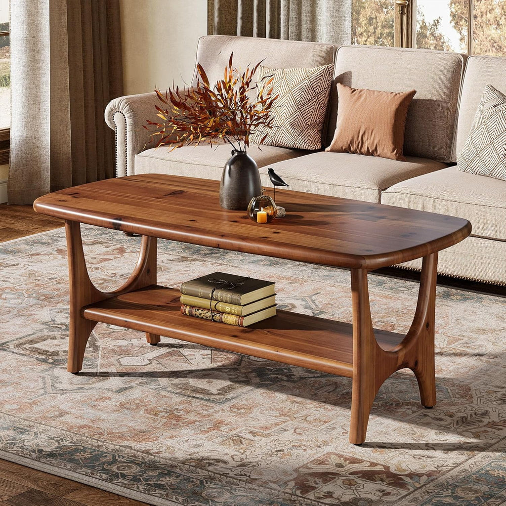 Table basse en bois massif Fimind, table basse rectangulaire moderne du milieu du siècle de 47,24 avec étagère de rangement à 2 niveaux pour salon, petits espaces