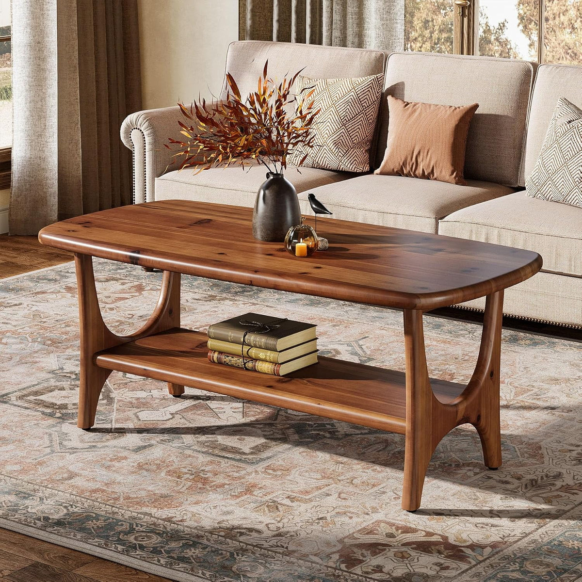 Table basse en bois massif Fimind, table basse rectangulaire moderne du milieu du siècle de 47,24 avec étagère de rangement à 2 niveaux pour salon, petits espaces