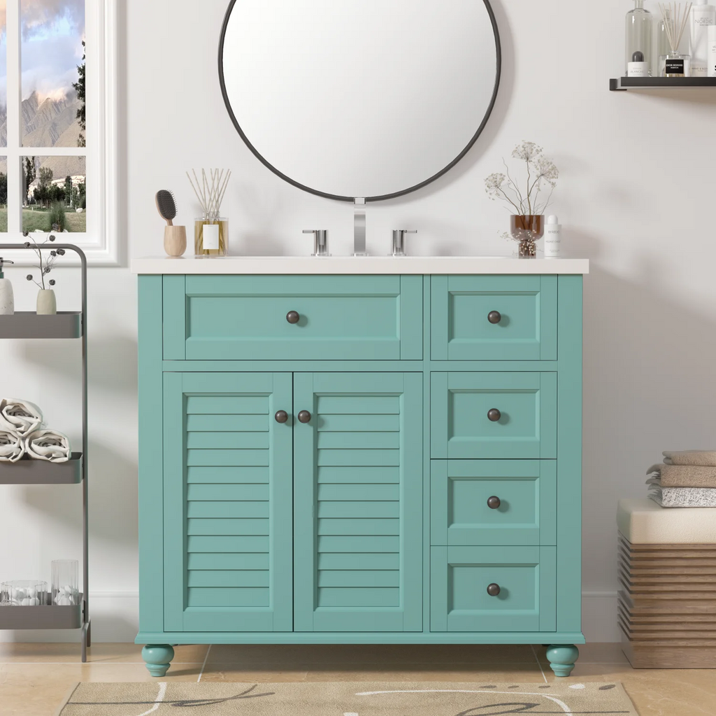 Meuble-lavabo de salle de bains Harper & Bright Designs 30 avec lavabo, armoire de salle de bains avec plateau en céramique, portes et tiroir de rangement multifonctionnels, vert
