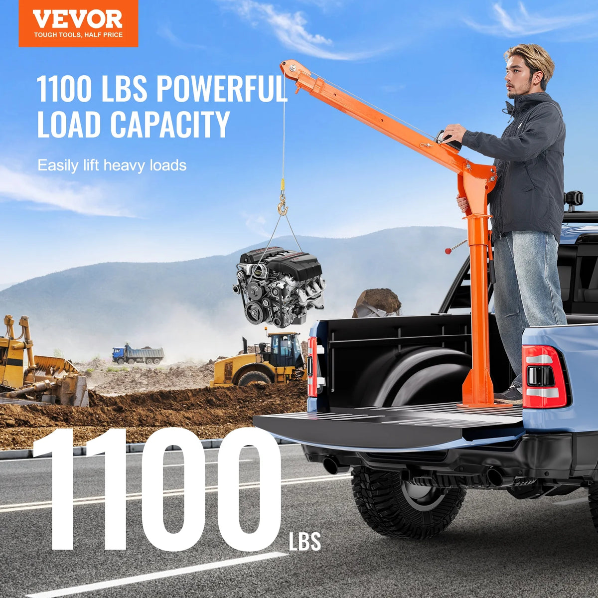 Grue électrique pour pick-up VEVOR, 1 100 lb, grue de benne pliable montée sur camion avec treuil électrique de 3 500 lb, palan à flèche en acier pour pick-up avec pivot à 360° pour le levage de marchandises dans la construction et l'usine