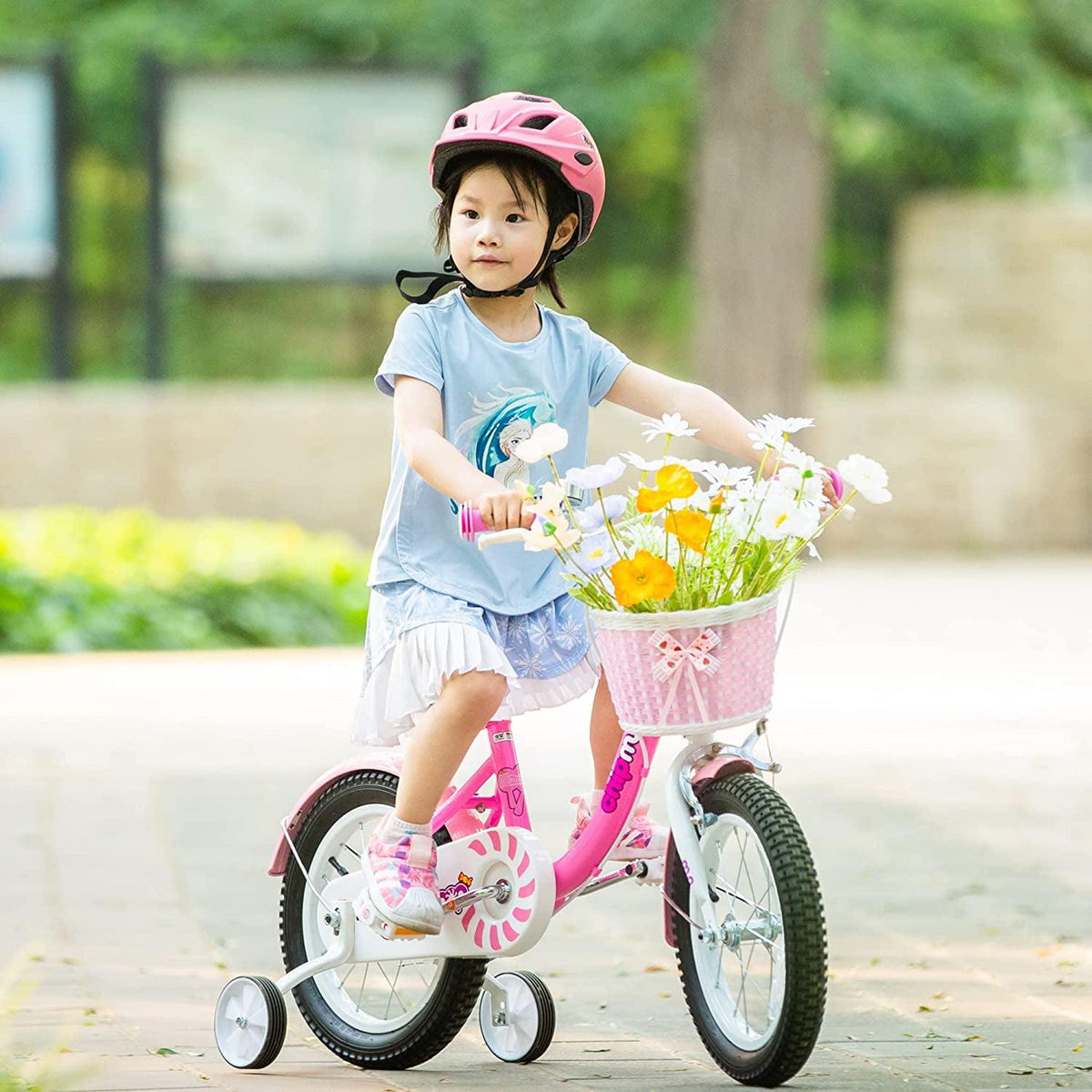 Vélo pour fille RoyalBaby Chipmunk avec panier et roues d’apprentissage, 14 pouces, rose sucette