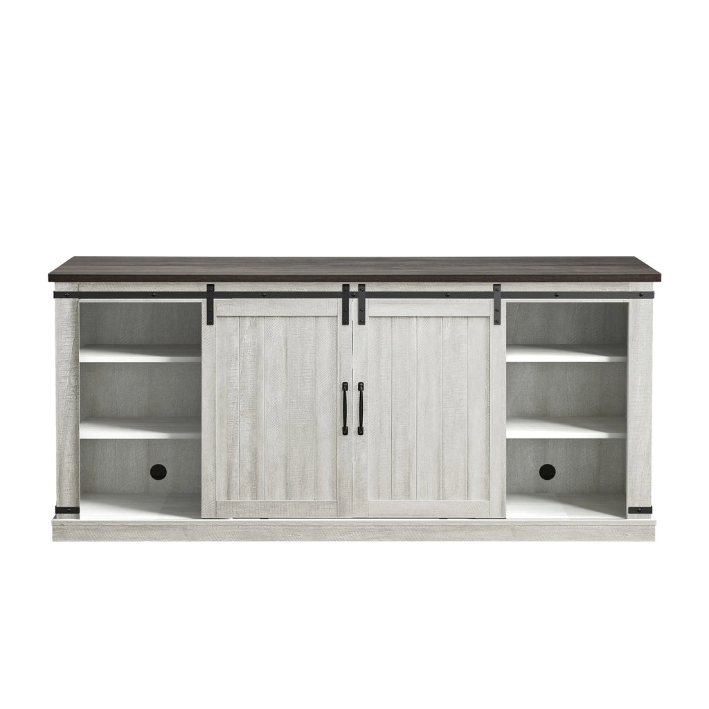 Meuble TV rustique FESTIVO pour téléviseur 75 pouces, centre de divertissement, meuble TV avec porte de grange coulissante, console TV de 68 pouces, meuble multimédia de salon avec étagère réglable - Blanc cassé