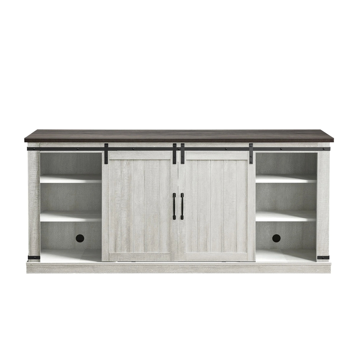 Meuble TV rustique FESTIVO pour téléviseur 75 pouces, centre de divertissement, meuble TV avec porte de grange coulissante, console TV de 68 pouces, meuble multimédia de salon avec étagère réglable - Blanc cassé
