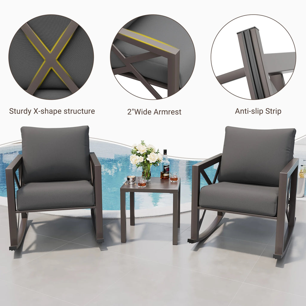 Ensemble de bistrot MRUAKA avec chaises à bascule, ensemble de mobilier de patio extérieur 3 pièces avec 2 chaises à bascule et 1 table basse en métal avec coussins épais pour porche, cour arrière, bord de piscine, beige