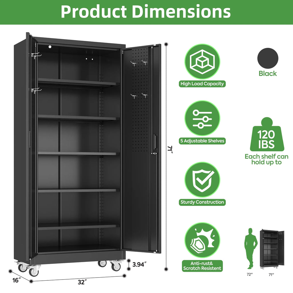SUPEER Armoires de rangement métalliques à roulettes avec portes verrouillables et 5 étagères réglables, Armoire de rangement en acier pour garage, bureau, salle de classe, Assemblage requis(Noir)