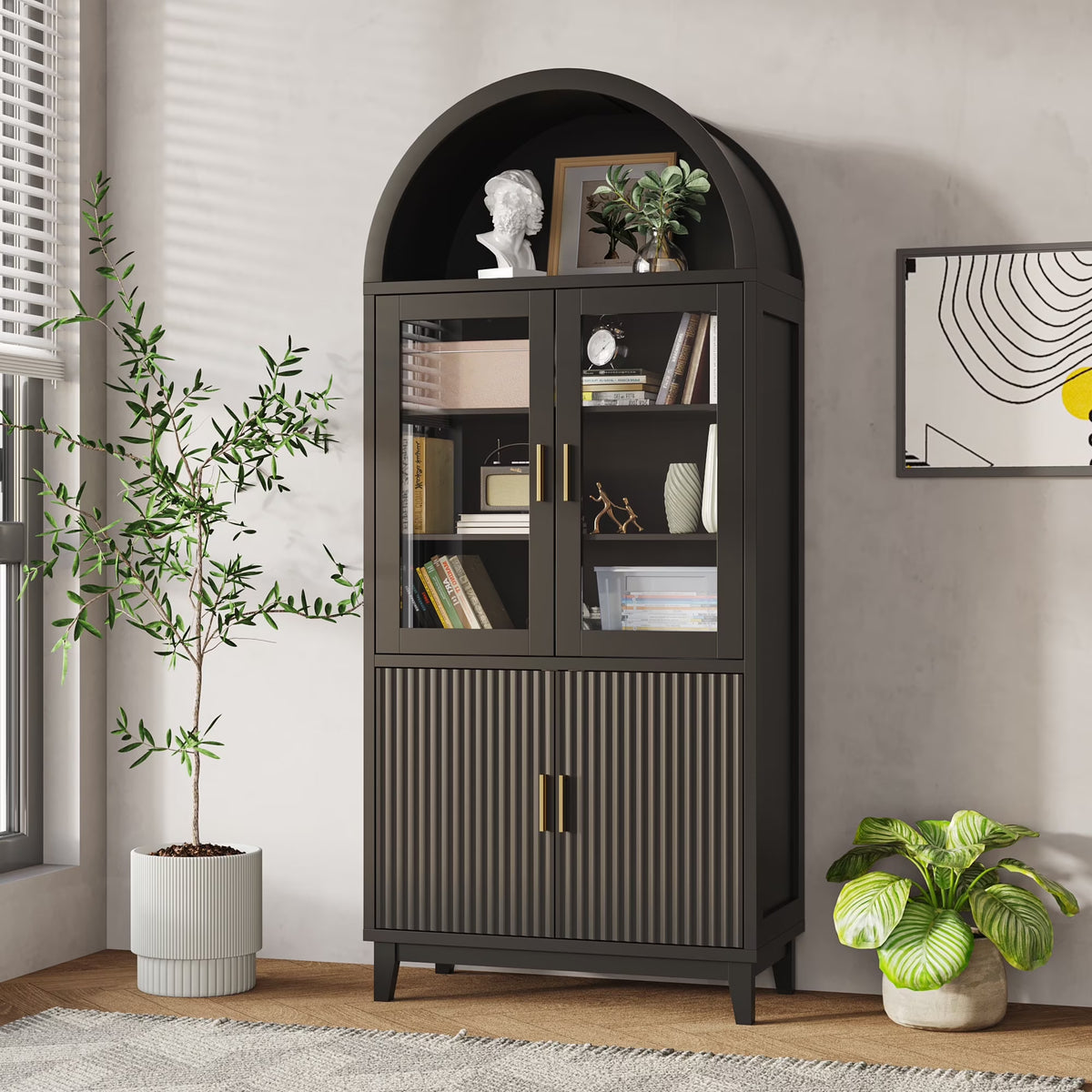 VEANERWOOD 71 Armoire haute cintrée, meuble de rangement de cuisine en bois cannelé avec 4 portes et 6 étagères pour salle à manger et salon