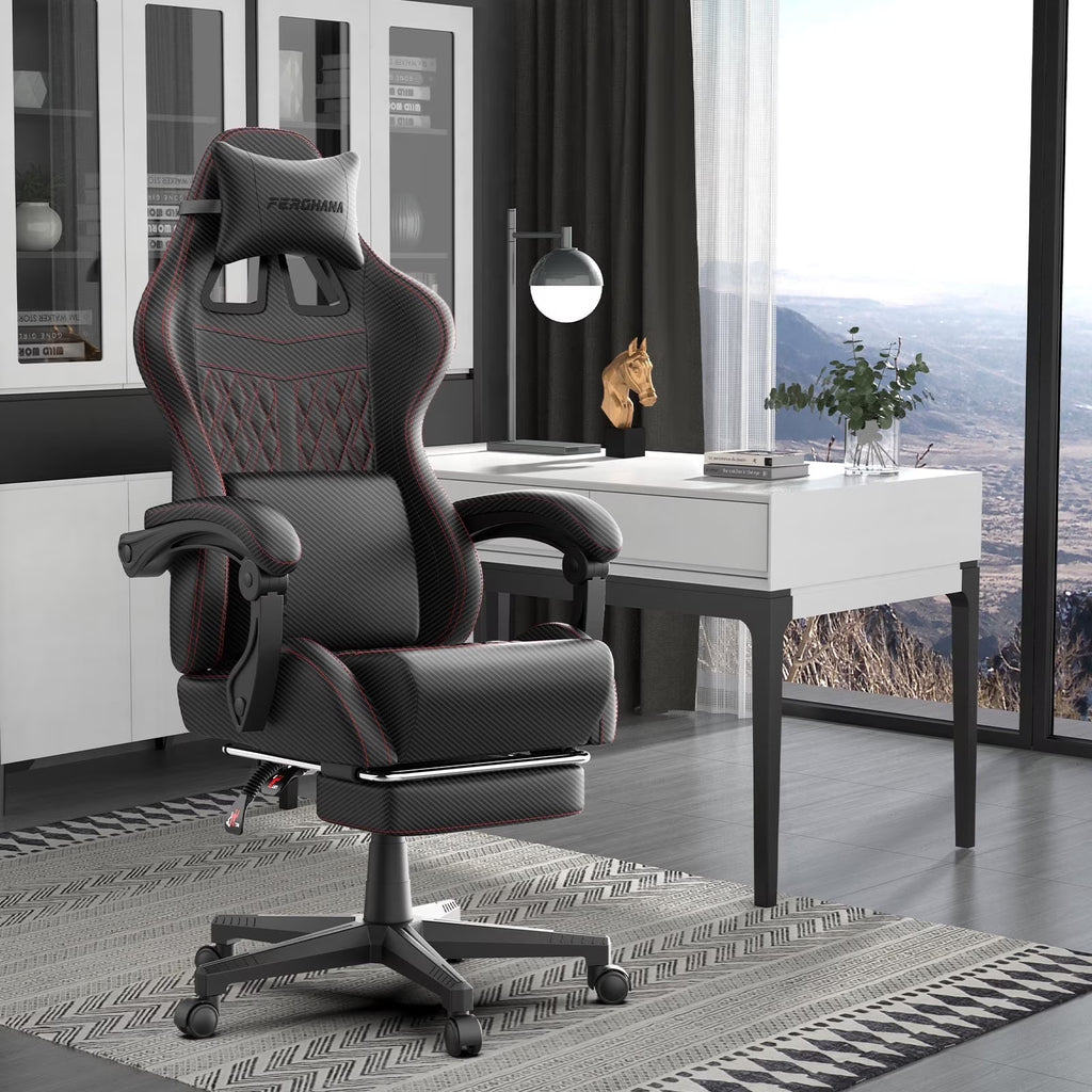 Fauteuil gaming Luxvie avec repose-pieds, fauteuil de bureau ergonomique pour ordinateur avec massage, soutien lombaire et appui-tête, dossier haut, style vintage, pour adultes et enfants, noir
