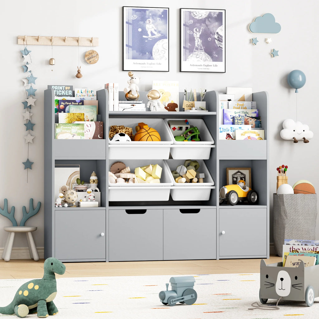 Hiphuta Bibliothèque et Meuble de Rangement pour Jouets pour Enfants, Organisateur en Bois avec 4 Paniers et 2 Tiroirs Amovibles pour la Maison et la Chambre, Étagère à Livres pour Enfants avec Bac à Jouets et Support à Livres, Blanc