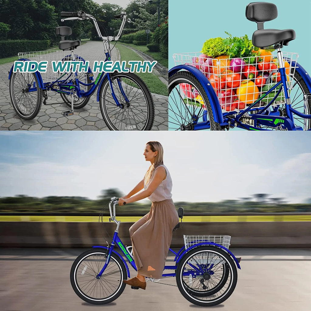 Tricycles pour adultes MOONCOOL avec panier arrière et pompe à pied, vélos à 3 roues 7 vitesses de 24 et 26 pouces, vélo à trois roues pour adultes avec dossier pour seniors, femmes et hommes