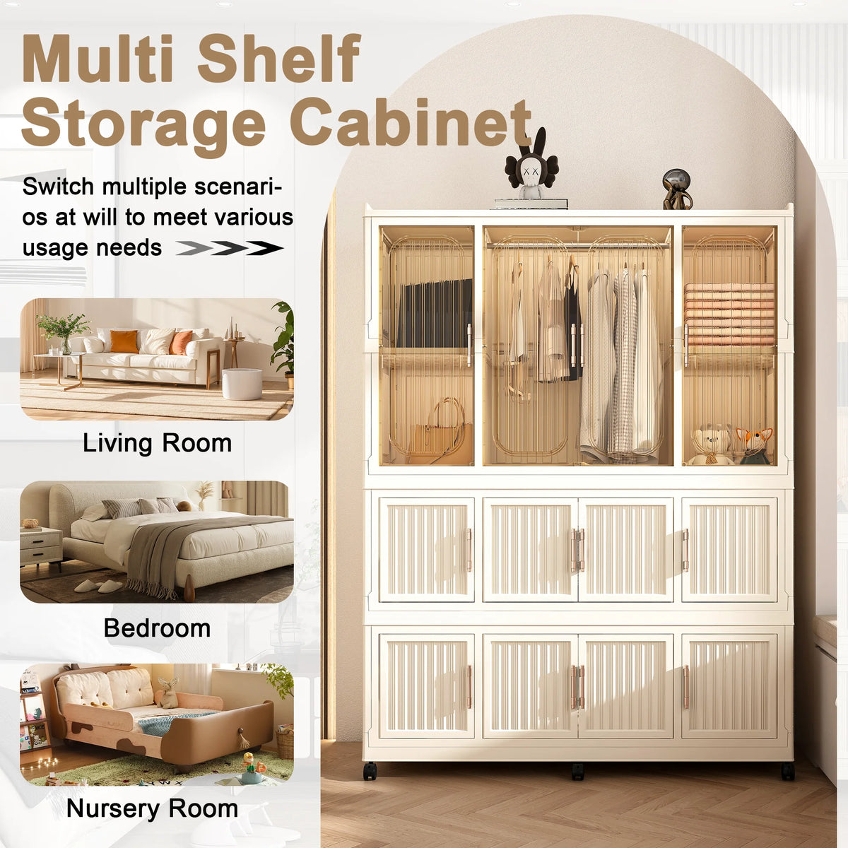 Penderie portable pour enfants Montary avec portes magnétiques et tringle – Meuble de rangement en plastique à 4 casiers pour chambre d'enfant