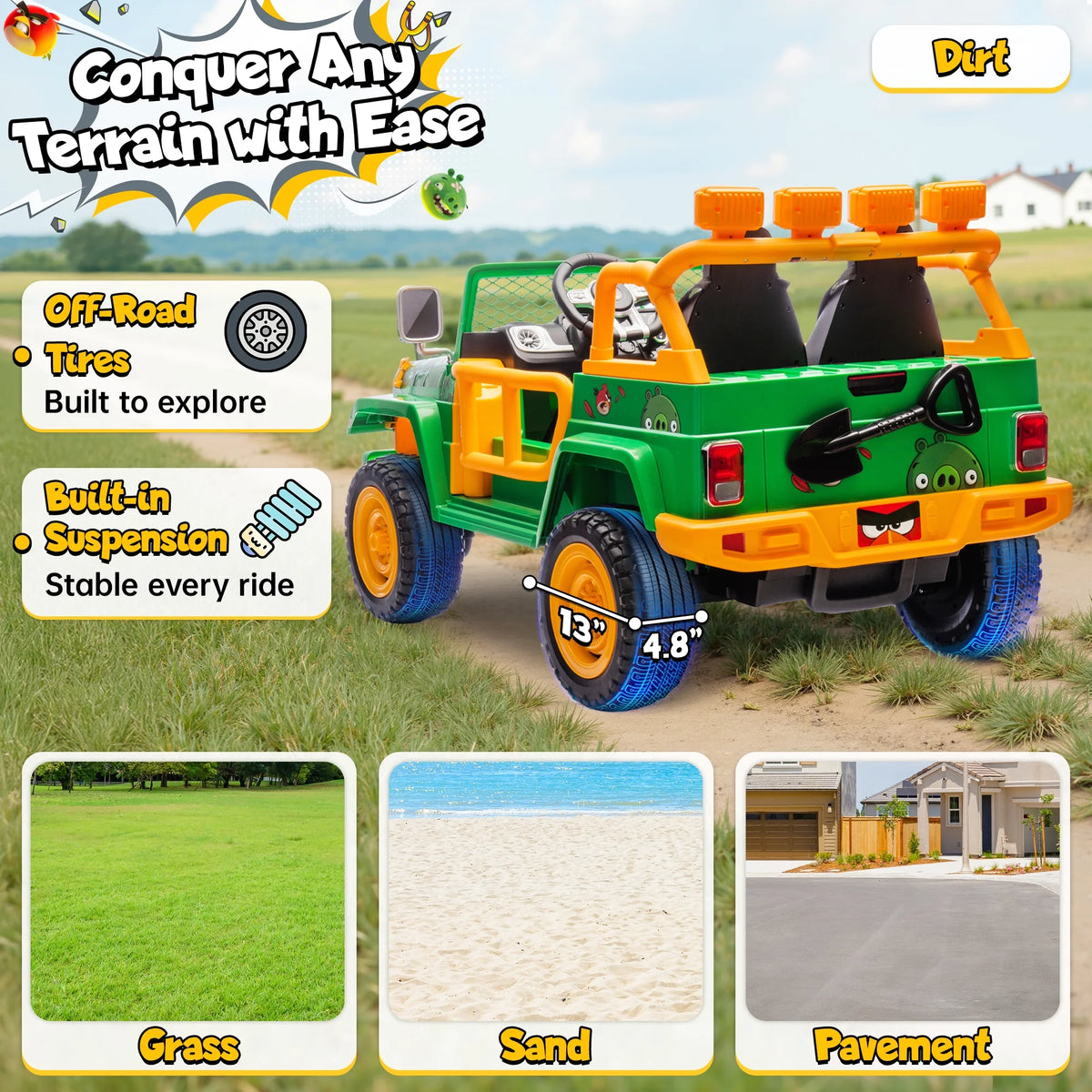 Jouets électriques Joyracer 24 volts pour grands enfants, camion sous licence Angry Birds avec télécommande, véhicule électrique 4x4 à 2 places avec pelle, Bluetooth, lumières, roues de voiture électrique, pour enfants de 3 à 8 ans, jusqu’à 59 kg, vert