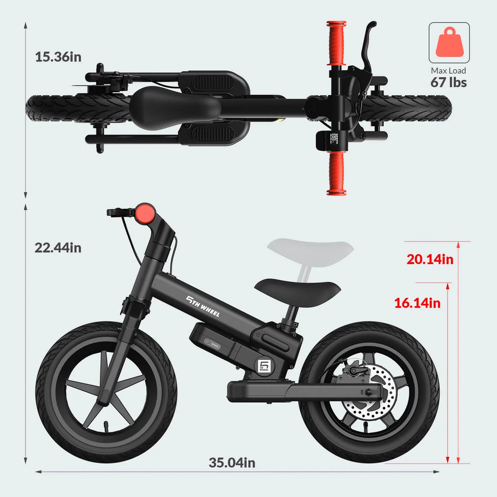 5Th Wheel KB09 Vélo d’équilibre électrique 150W pour enfants, noir - Pneu gonflable de 12 pouces avec double frein