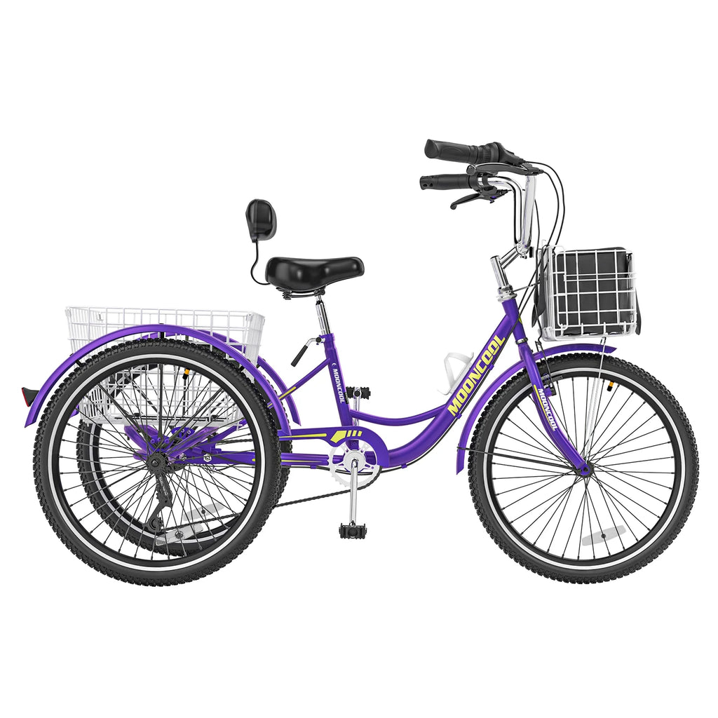 Tricycles pour adultes MOONCOOL avec panier arrière et pompe à pied, vélos à 3 roues 7 vitesses de 24 et 26 pouces, vélo à trois roues pour adultes avec dossier pour seniors, femmes et hommes