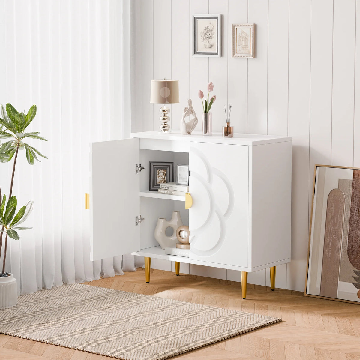 Buffet moderne Tolead avec panneau à motif floral, 6 étagères, blanc