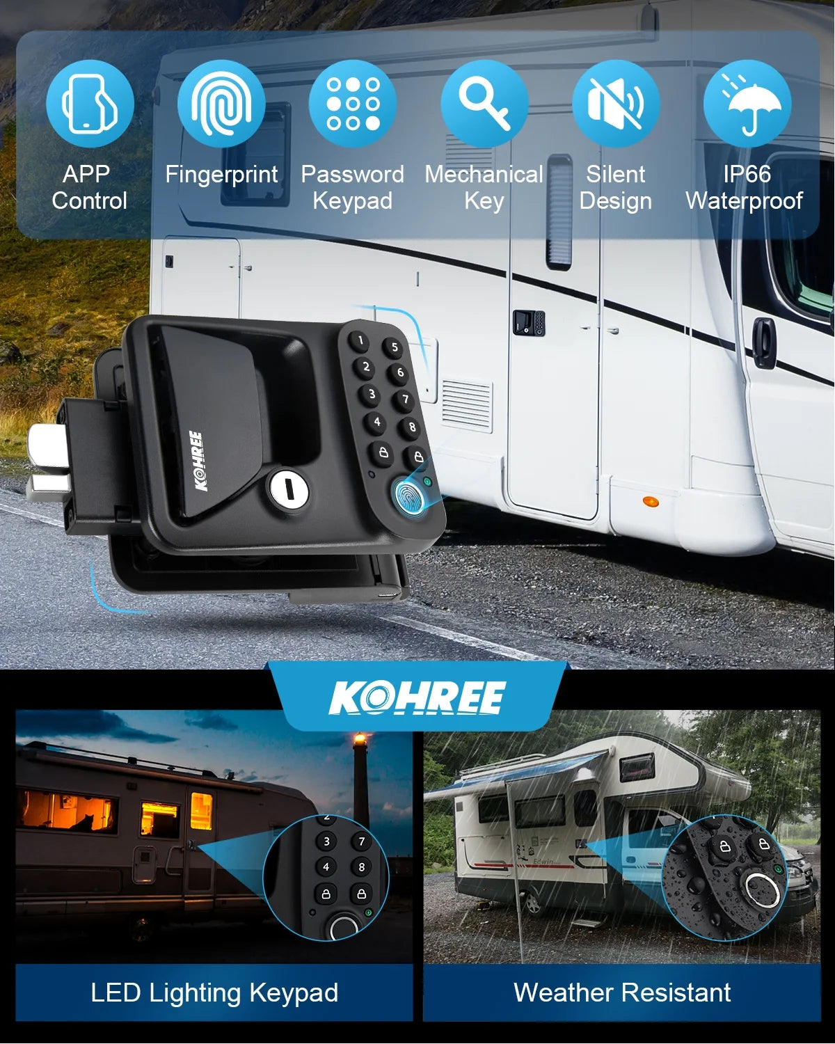 Kohree Serrure de porte de camping-car avec accès sans clé, Remplacement de serrures de porte de camping-car avec clavier et télécommande pour loquet de porte de caravane, camping-car et remorque de voyage