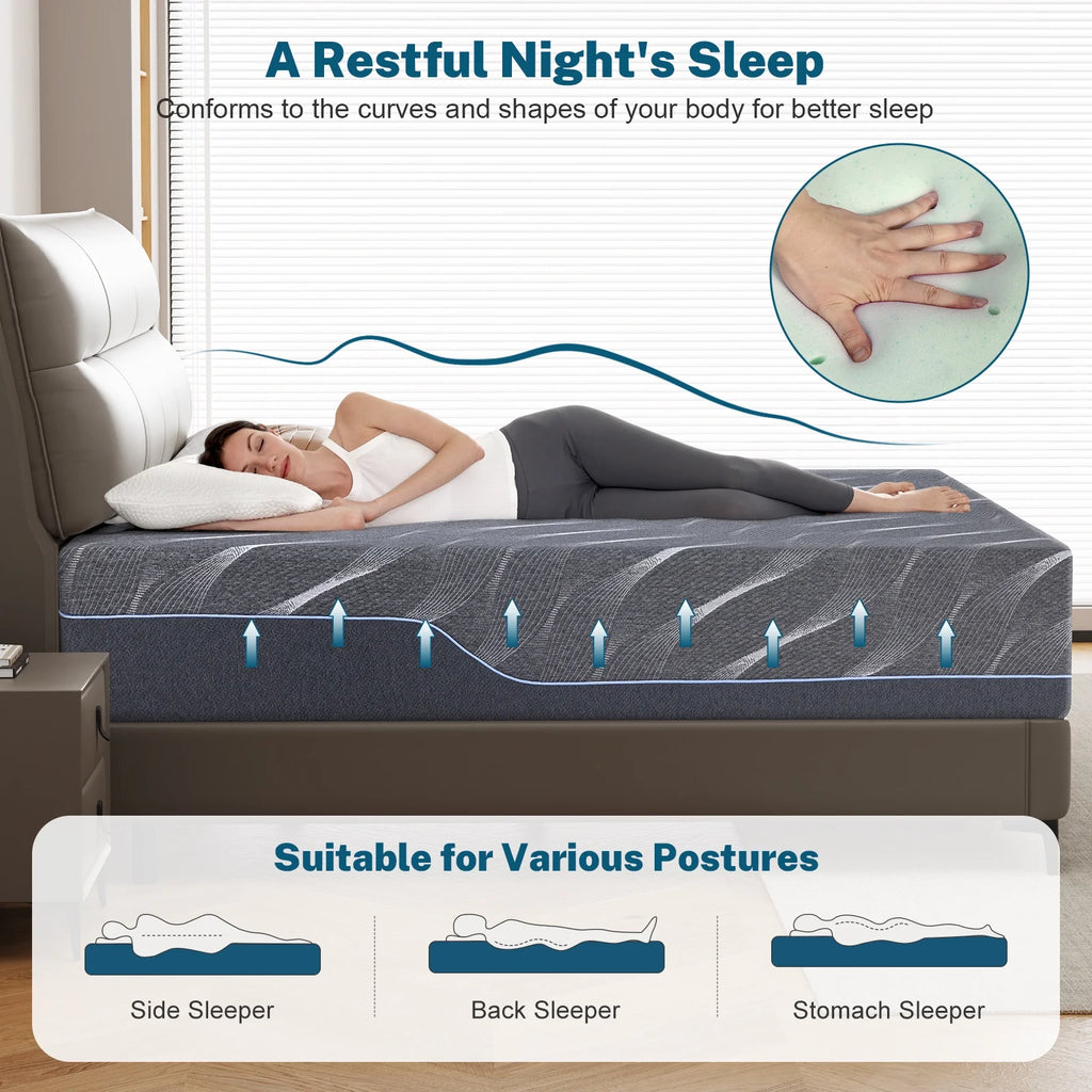 Matelas en mousse à mémoire de forme gel de 14 pouces, format Queen Size, confort mi-ferme, compatible avec les lits réglables