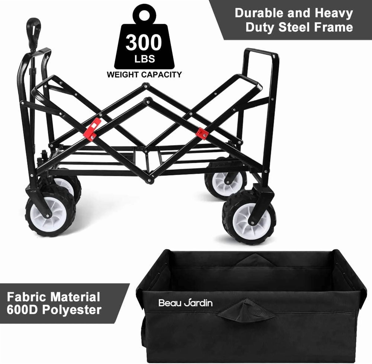 BEAU JARDIN Chariot Pliable de 300 Livres Capacité Chariot de Plage Pliable Robuste Chariot Utilitaire de Courses pour Jardin Sports Achats Extérieur Roues Tout-Terrain Portable Noir