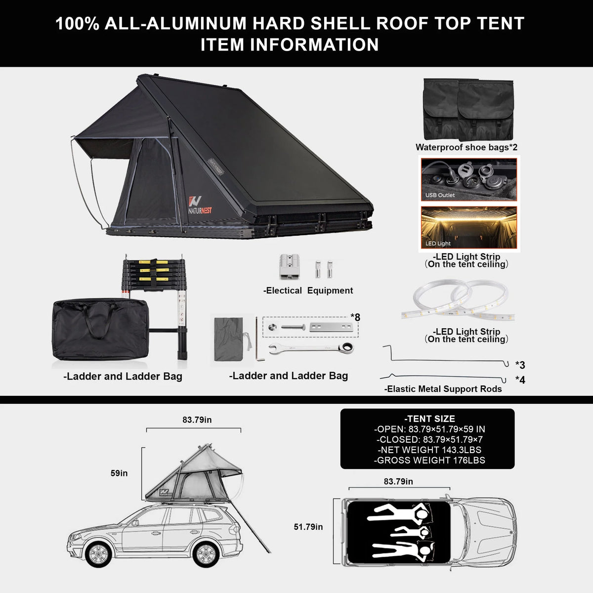 Tente de toit rigide Naturnest Polaris2 avec 2 porte-bagages, tente de toit pour voiture avec entrées d’air conditionné, éclairage LED 3 couleurs et prise USB interne pour fourgonnettes, jeeps, SUV et camions, tente pour 2 à 3 personnes