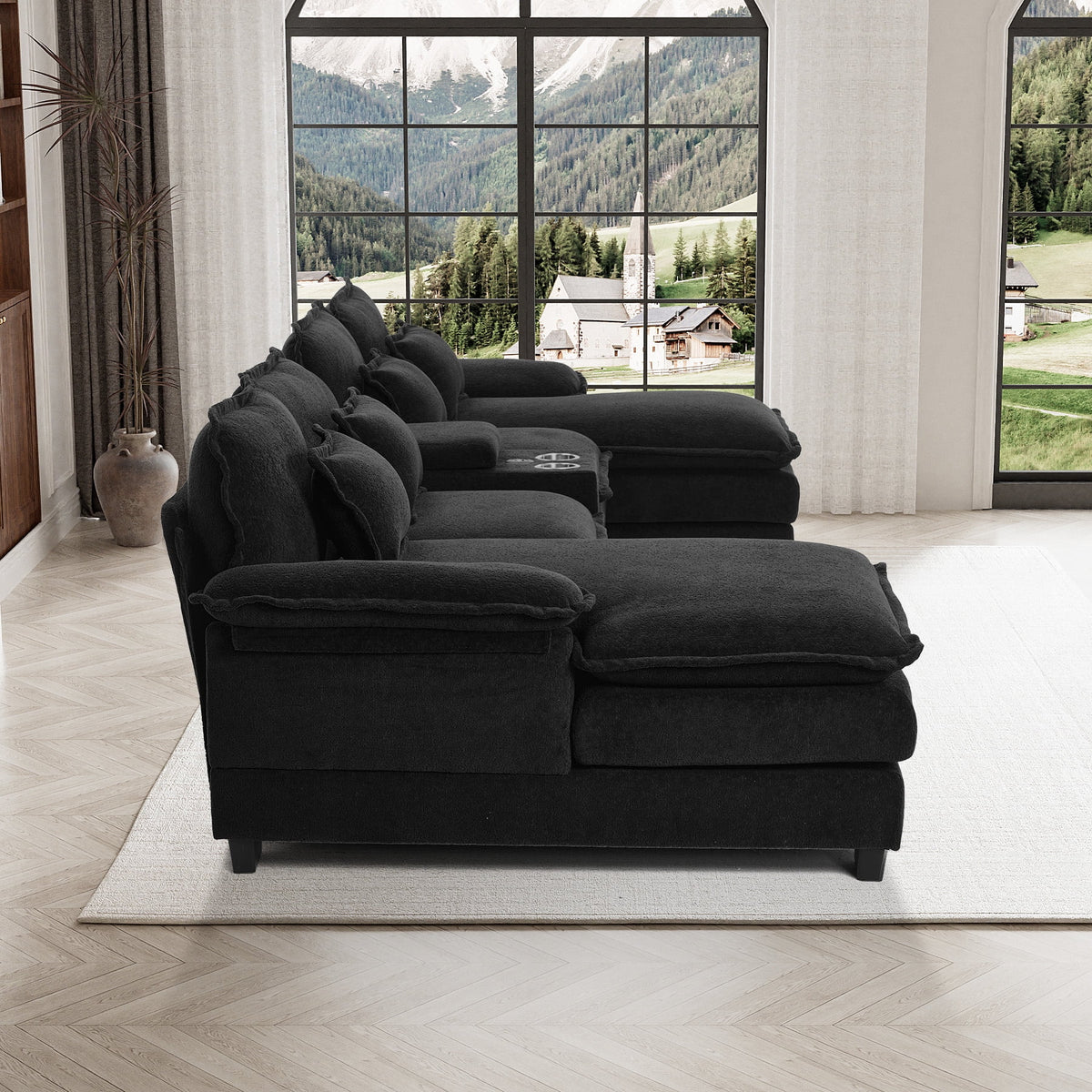 Canapé modulable en U Wiilayok Cloud Couch, méridienne double extra profonde de 124 cm en chenille duveteuse, console centrale avec ports USB-C et A doubles, gris tempête