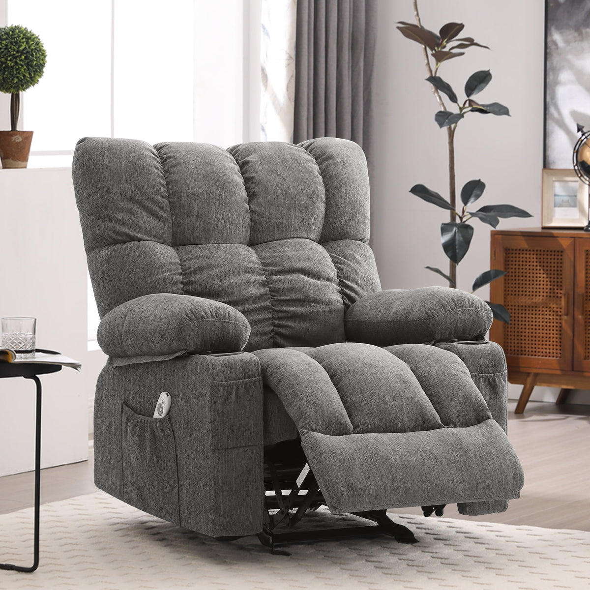 Fauteuil inclinable manuel JONPONY avec fonction de massage et de chauffage, mécanisme d’inclinaison robuste, fauteuil à bascule individuel pour personnes âgées avec porte-gobelets, pour chambre et salle de cinéma maison, gris