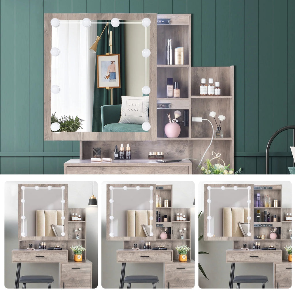 Coiffeuse Ktaxon avec miroir éclairé à 3 couleurs & station de charge, table de maquillage avec 3 étagères de rangement & tiroirs, bureau de toilette avec tabouret, gris rétro