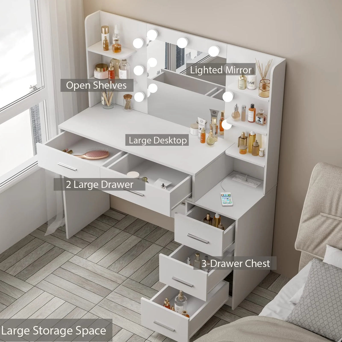 Coiffeuse de maquillage avec miroir et éclairage, 3 couleurs de lumière, table de toilette pour chambre avec station de charge, coiffeuse blanche avec 5 tiroirs de rangement et étagères ouvertes