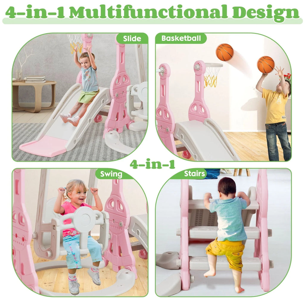 Ealing   Ensemble toboggan et balançoire 4 en 1 pour tout-petit   Structure de jeu avec toboggan d'intérieur et d'extérieur pour bébé   avec panier de basket-ball & Toboggan balançoire de jardin pour garçons et filles Longueur du toboggan : 11,02' L Rose
